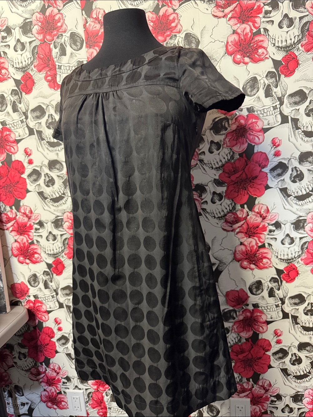 H&M Black Dot Jacquard Short-Sleeve Mini Dress